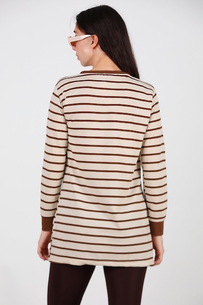 Kadın Yanı Yırtmaçlı Çizgili Tunik  Kahverengi 6