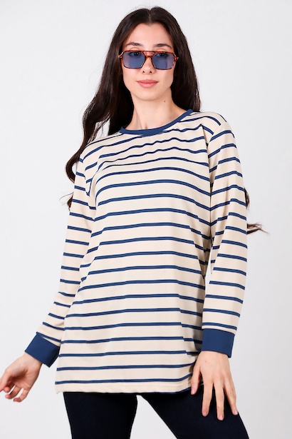 Kadın Yanı Yırtmaçlı Çizgili Tunik 