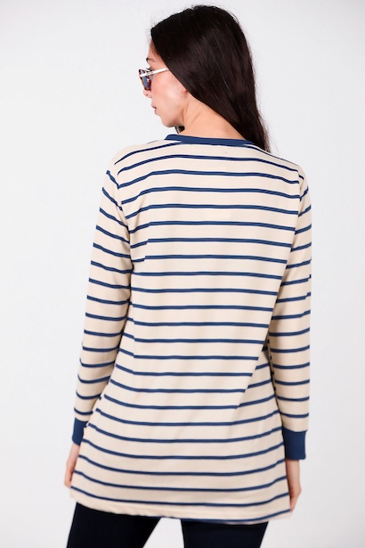 Kadın Yanı Yırtmaçlı Çizgili Tunik  Mavi 6