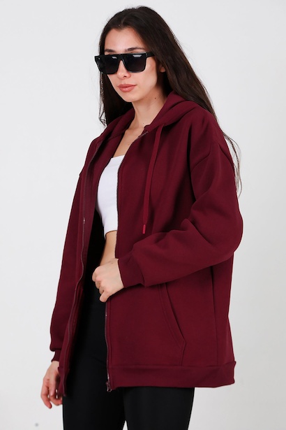 Kadın Kapşonlu Fermuarlı Oversize Üç İplik Sweat  Bordo