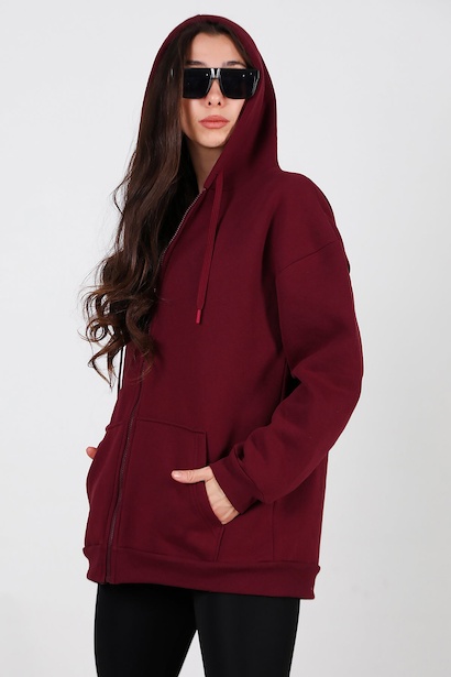 Kadın Kapşonlu Fermuarlı Oversize Üç İplik Sweat  Bordo 6