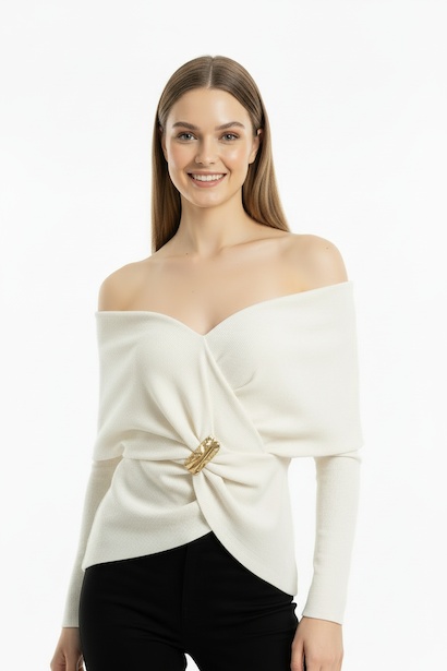 Kadın Şal Yaka Aksesuar Detay Bluz 