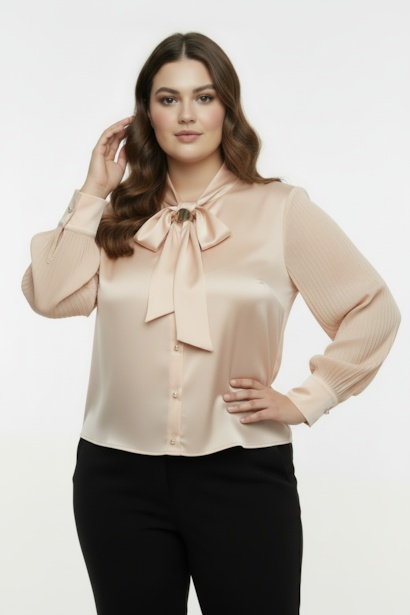 Büyük Beden Fularlı Ön Düğmeli Bluz 