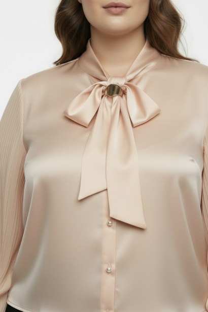 Büyük Beden Fularlı Ön Düğmeli Bluz  Bej 4