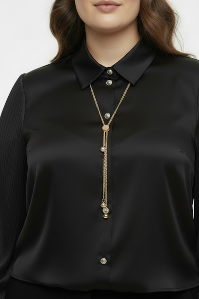 Büyük Beden Kolyeli Gömlek  Siyah 4