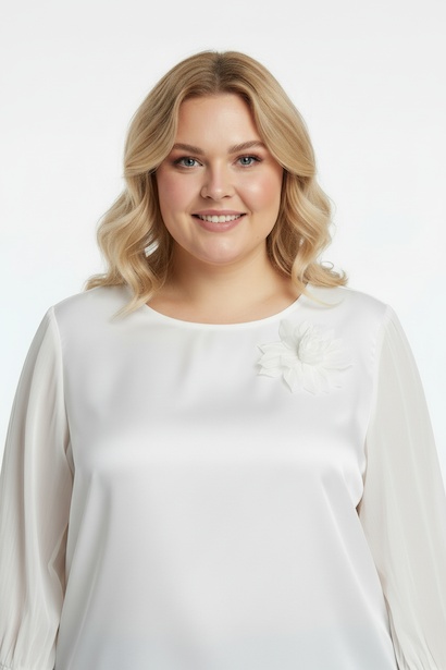 Büyük Beden Yaka Çiçek Bluz  Beyaz 4