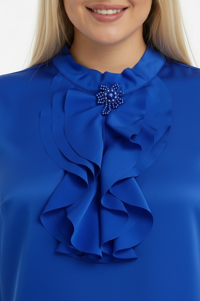 Büyük Beden Ön Fırfır Detay Kolsuz Bluz  Saks 4