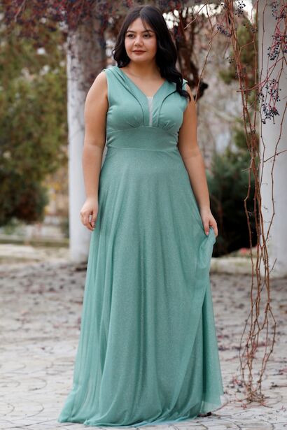 Büyük Beden Simli Uzun Abiye 