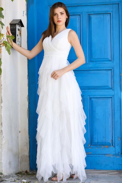 Kadın Tül Uzun Abiye Ekru 4