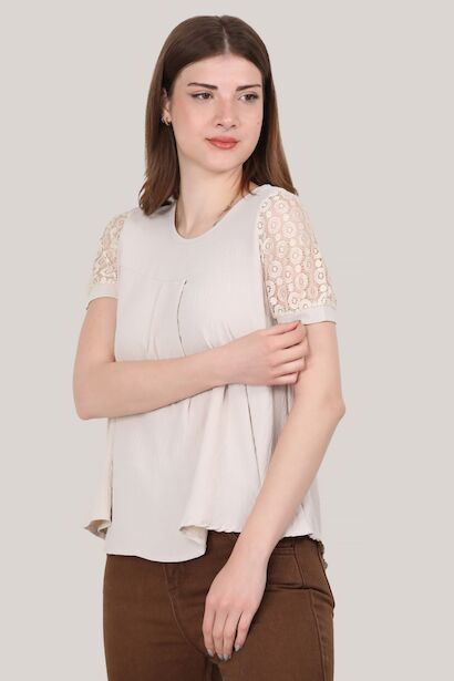 Kadın Kısa Kol Dantelli Bluz 