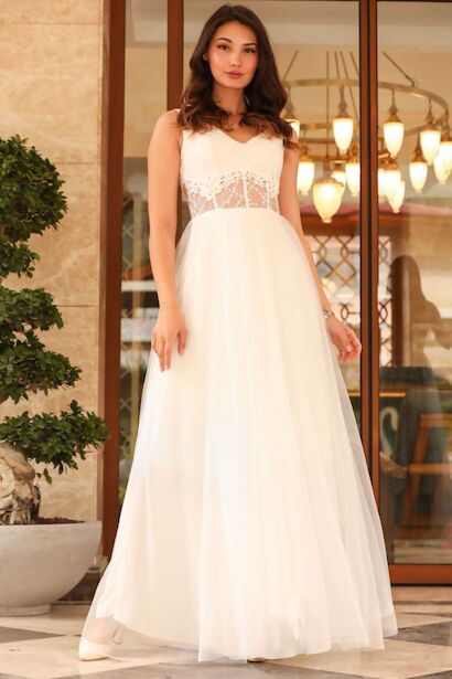 Kadın Uzun Abiye  Ekru 4