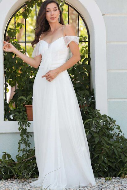 Pileli Kadın Uzun Abiye Ekru 4