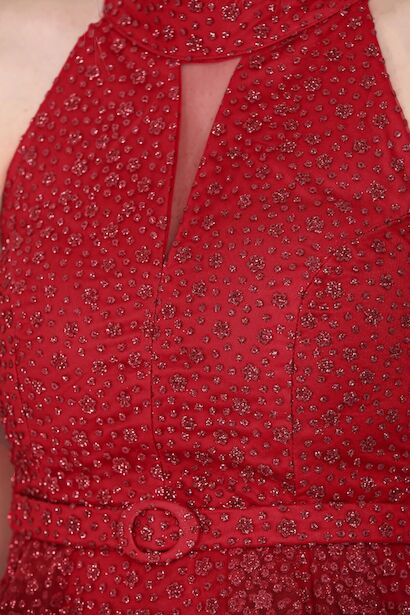 Kadın Kısa Simli Abiye Elbise  Kırmızı 6