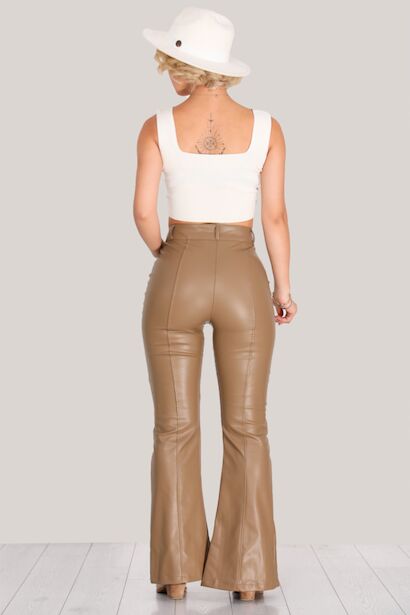 Kadın İçi Polarlı Yırmaçlı Deri Pantolon  Bej 4
