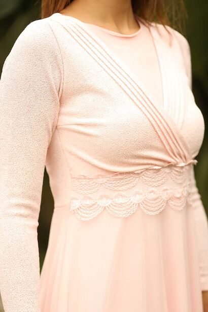 Tüllü Simli Kadın Uzun Abiye  Pudra 4
