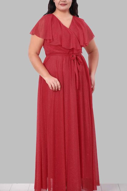 Büyük Beden Kruvaze Yaka Uzun Abiye  Kırmızı 6