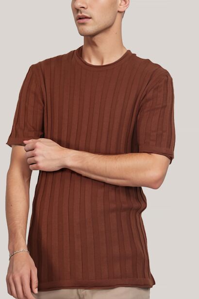 Erkek Bisiklet Yaka Kısa Kol Triko  Kiremit