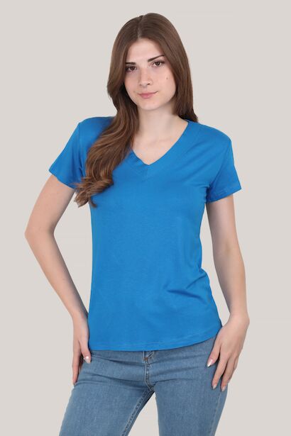 Kadın V Yaka T-shirt  Saks