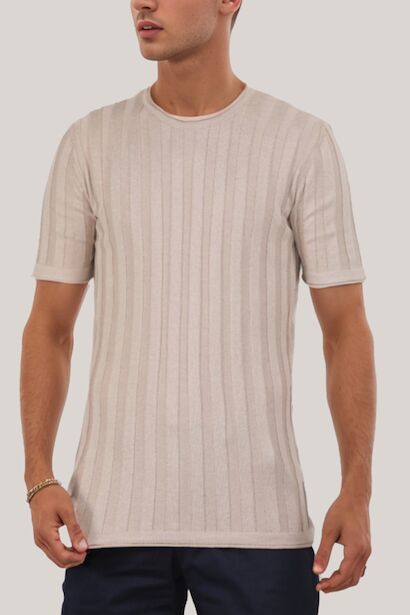 Erkek Bisiklet Yaka Kısa Kol Triko  Bej
